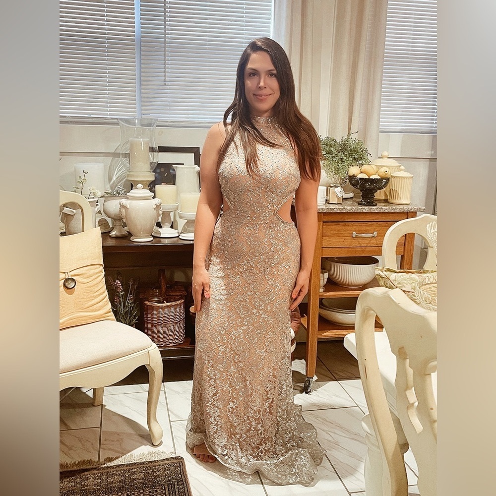 Gorgeous Jovani nude with silver rhinestone embellished lace overlay
